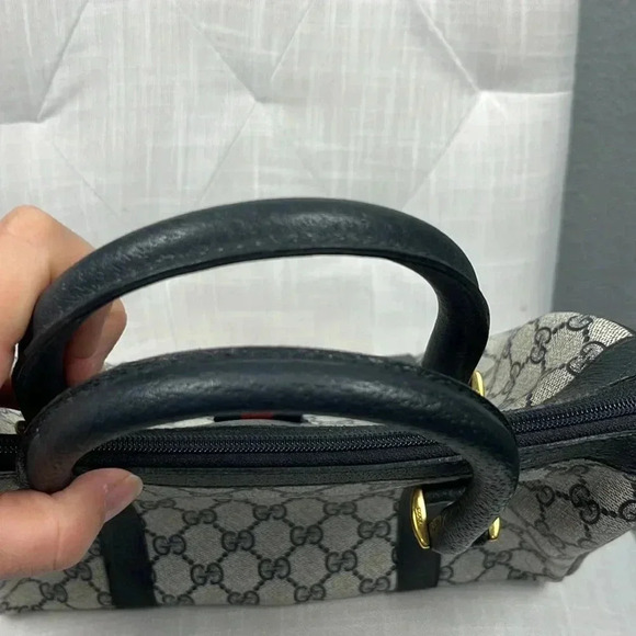 Vintage Gucci Boston Hand Bag Satchel Purse Monogram Navy Canvas Leather - Picture 6 of 16